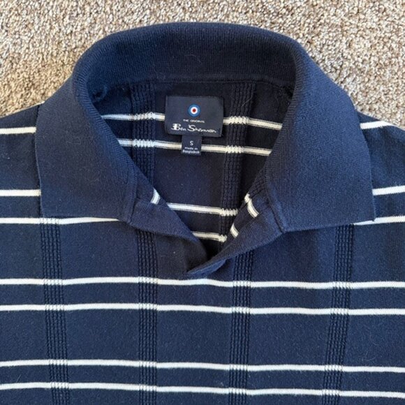 BEN SHERMAN Navy Blue and White Striped Short Sleeve Polo Sweater Small - Picture 4 of 11